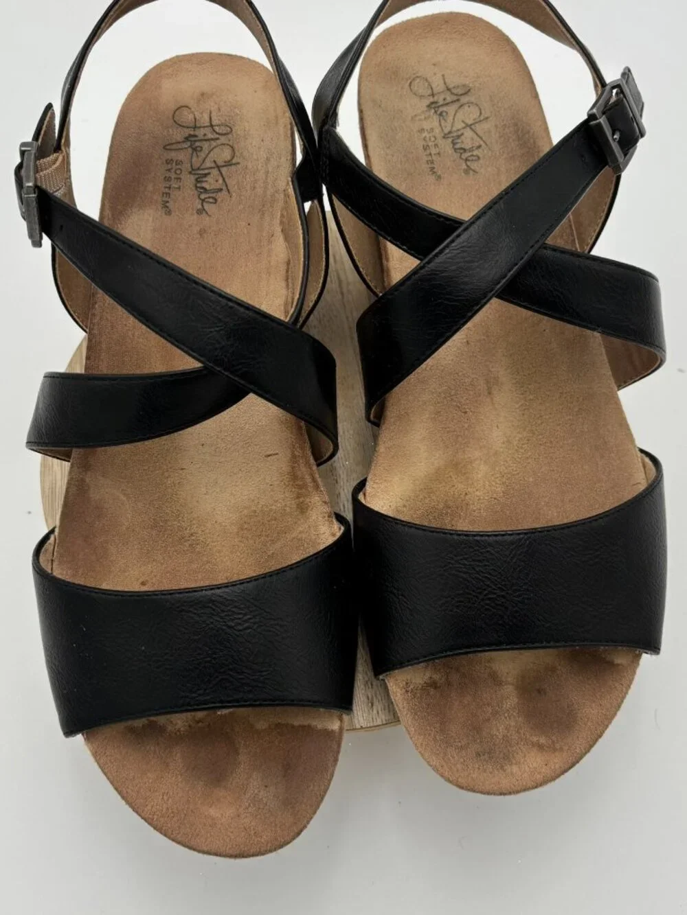 LifeStride Maple Black Faux Leather Strappy Slingback Cork Wedge Sandals 9W